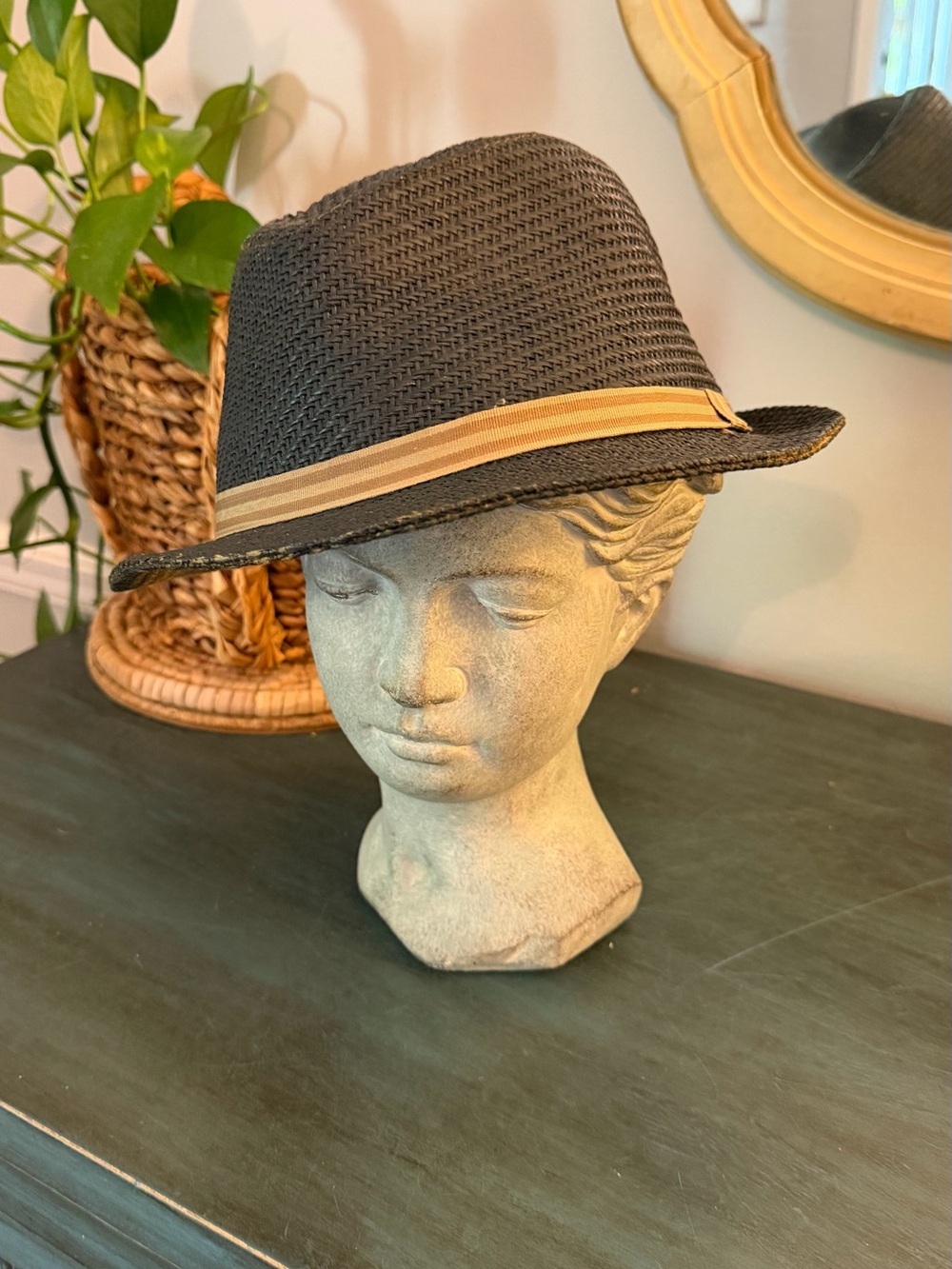 Trevero Fedora hat 100% straw paper Large. With a tan-striped hat band.